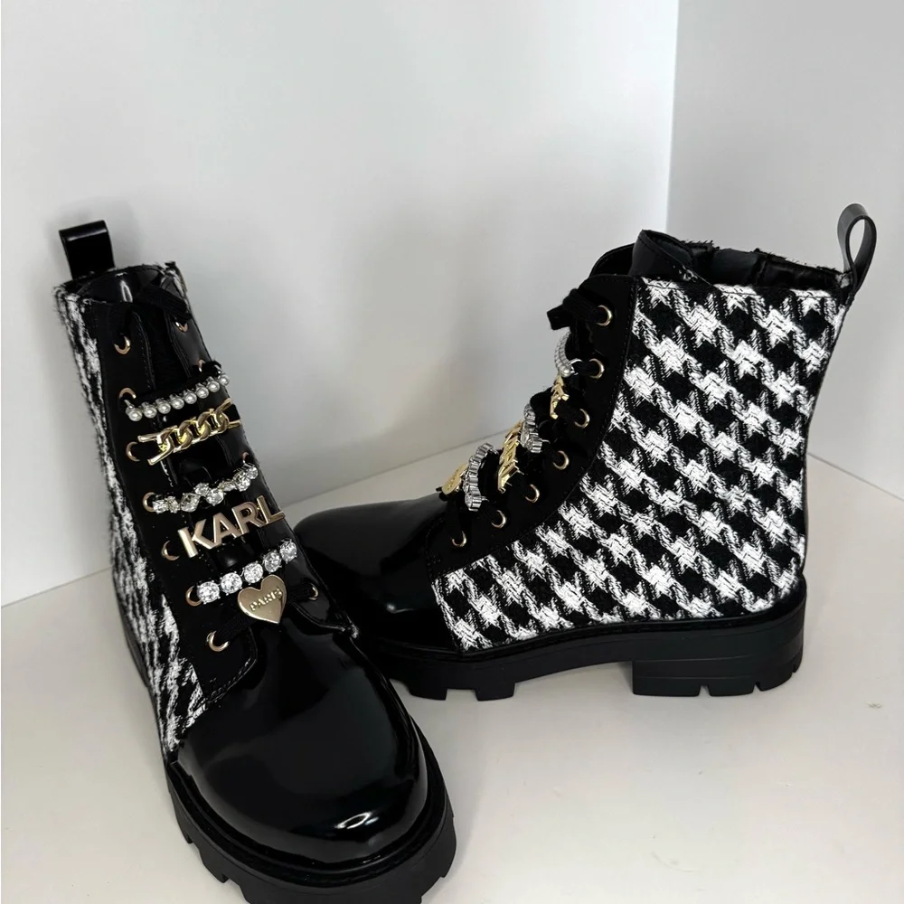 New Karl Lagerfeld Mela Tweed Black/White Combat Boots - Picture 7 of 12